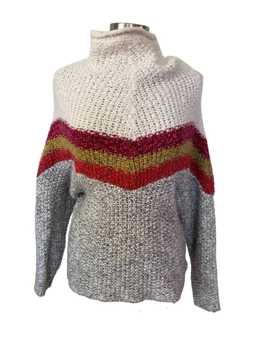 Free People Turn Around Chevron Chunky Knit Sweater Cream Grey Multicolor Small